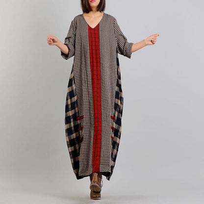Different Colored Plaid V-Neck Retro Dress