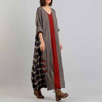 Different Colored Plaid V-Neck Retro Dress