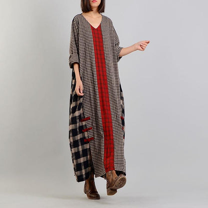 Different Colored Plaid V-Neck Retro Dress