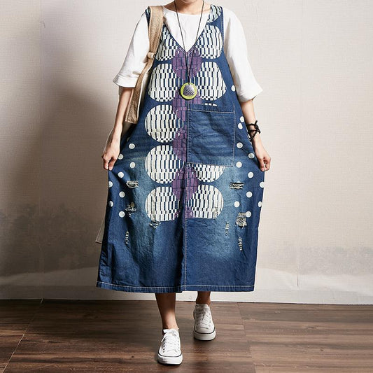 Dots Printed Frayed Loose Suspender Dress