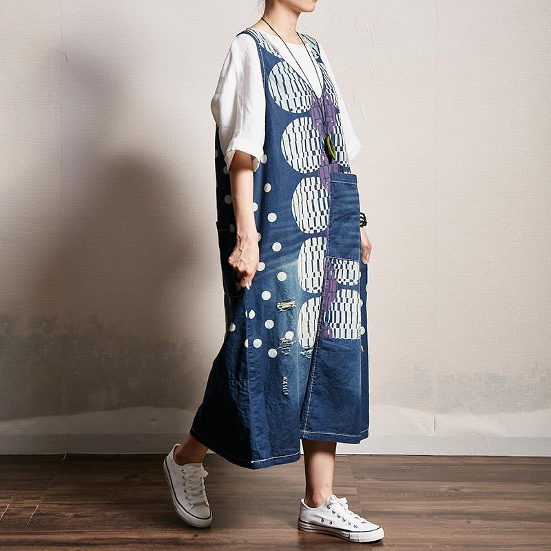 Dots Printed Frayed Loose Suspender Dress