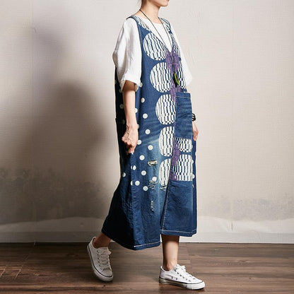 Dots Printed Frayed Loose Suspender Dress