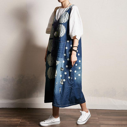 Dots Printed Frayed Loose Suspender Dress