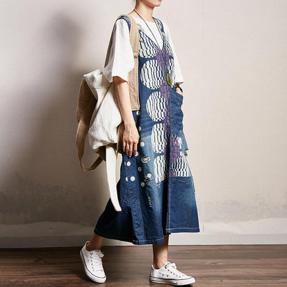 Dots Printed Frayed Loose Suspender Dress