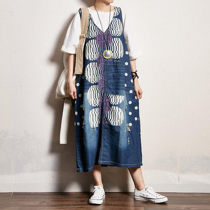 Dots Printed Frayed Loose Suspender Dress