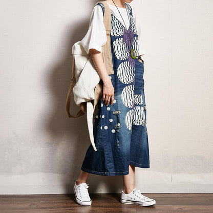 Dots Printed Frayed Loose Suspender Dress