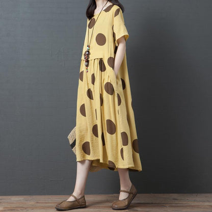 Dots Splcied Loose Short Sleeve Midi Dress