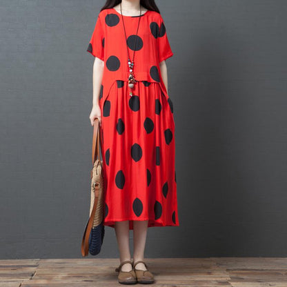 Dots Splcied Loose Short Sleeve Midi Dress