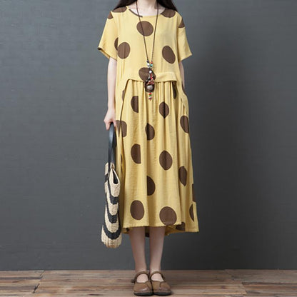 Dots Splcied Loose Short Sleeve Midi Dress