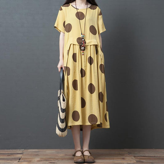 Dots Splcied Loose Short Sleeve Midi Dress