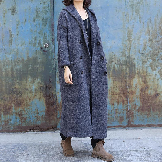 Plus Size - Double Breasted Pure Color Warm Overcoat