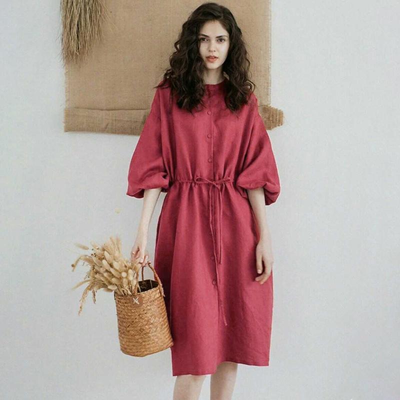 Drawstring Pleated Pure Color Plus Size Dress