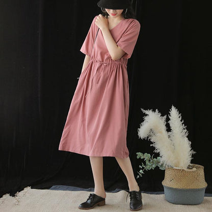 Drawstring Solid Color Women Summer V-Neck Dress