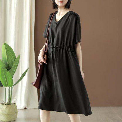 Drawstring Solid Color Women Summer V-Neck Dress