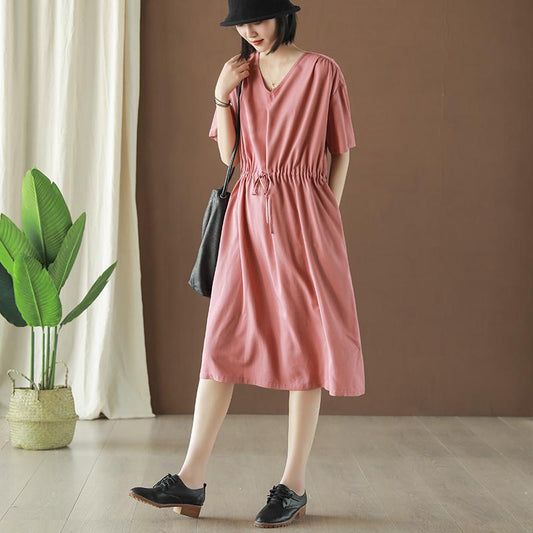 Drawstring Solid Color Women Summer V-Neck Dress