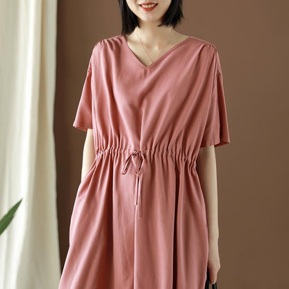 Drawstring Solid Color Women Summer V-Neck Dress