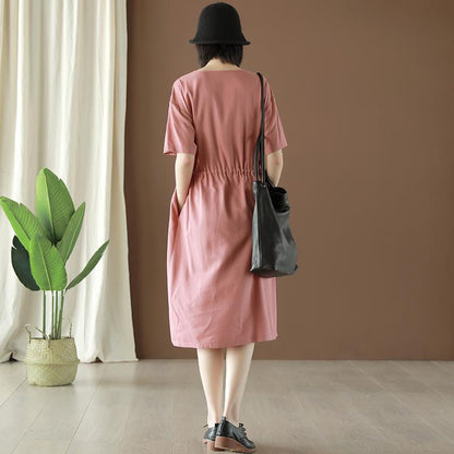 Drawstring Solid Color Women Summer V-Neck Dress