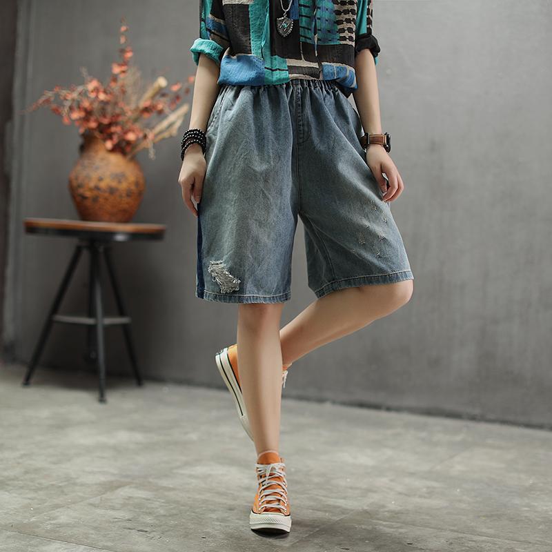 Elastic Waist Knee Length Hole Jeans