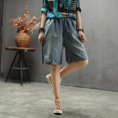 Elastic Waist Knee Length Hole Jeans