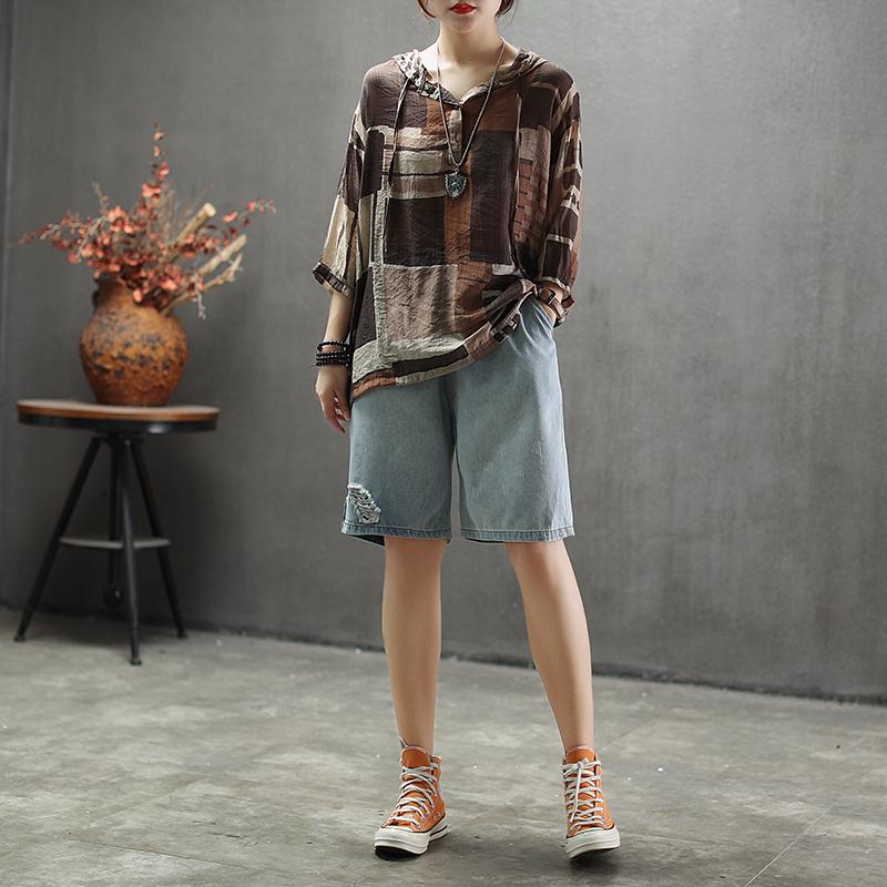 Elastic Waist Knee Length Hole Jeans