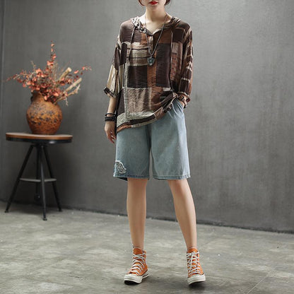 Elastic Waist Knee Length Hole Jeans