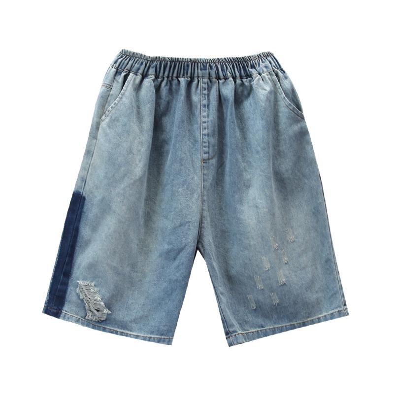 Elastic Waist Knee Length Hole Jeans