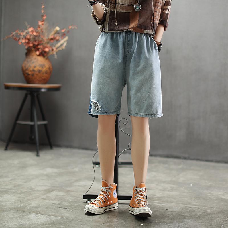 Elastic Waist Knee Length Hole Jeans