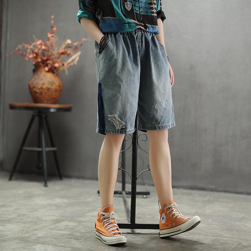 Elastic Waist Knee Length Hole Jeans