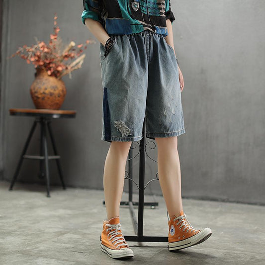 Elastic Waist Knee Length Hole Jeans