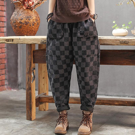 Elastic Waist Checkered Casual Harem Pants