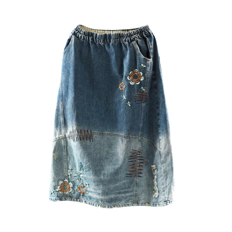 Embroidered Floral Frayed Casual Denim Skirt