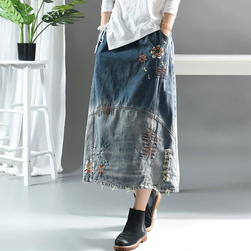 Embroidered Floral Frayed Casual Denim Skirt