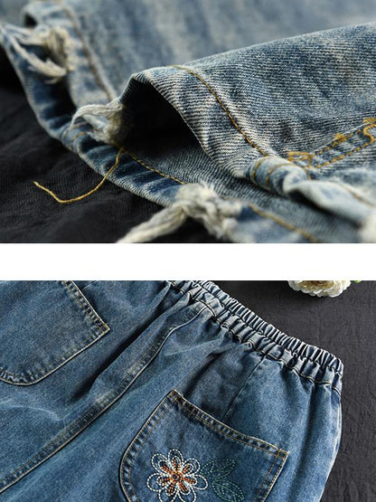 Embroidered Floral Frayed Casual Denim Skirt