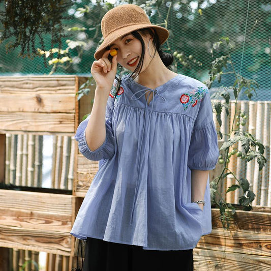 Embroidered Floral Lacing Loose Half Sleeve Blouse