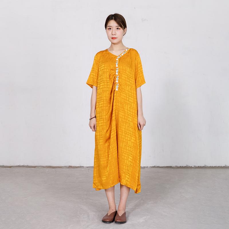 Embroidered Floral V-Neck Loose Soft Dress