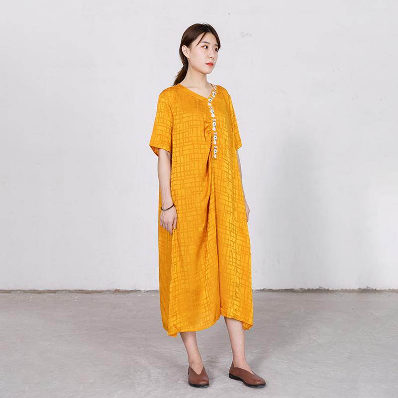 Embroidered Floral V-Neck Loose Soft Dress