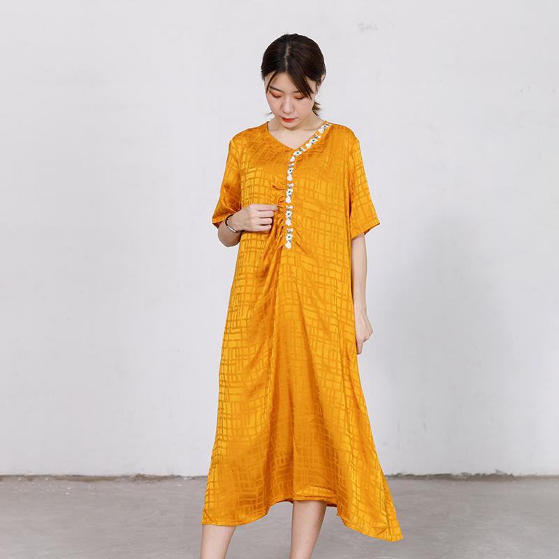 Embroidered Floral V-Neck Loose Soft Dress