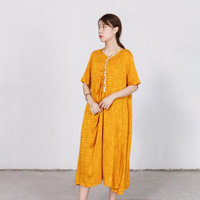 Embroidered Floral V-Neck Loose Soft Dress