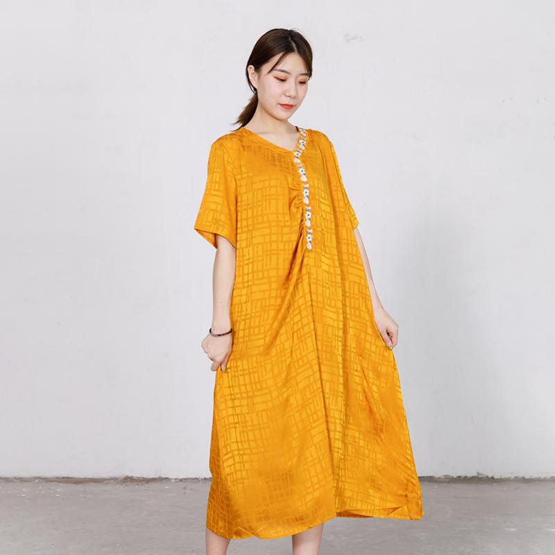 Embroidered Floral V-Neck Loose Soft Dress