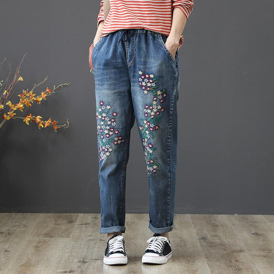 Embroidered Flower Casual Harem Jeans