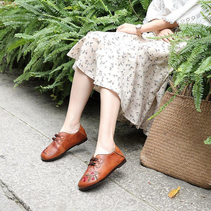 Embroidered Flower Handmade Leather Comfortable Flat Shoes
