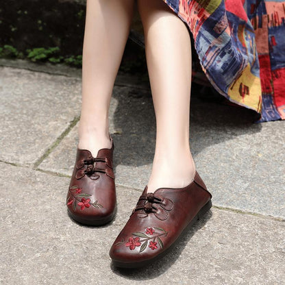 Embroidered Flower Handmade Leather Comfortable Flat Shoes