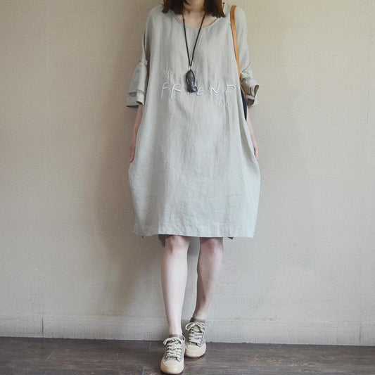 Embroidered Letters Solid Color Loose Dress