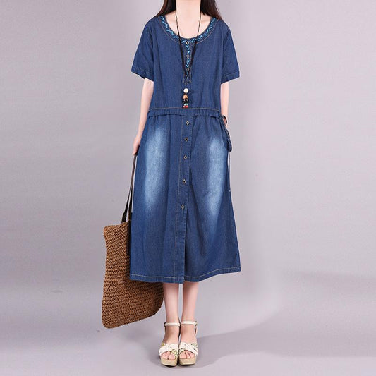 Embroidered Plant Casual Adjustable Waist Denim Dress