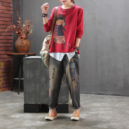 Embroidery Cartoon And Letter Casual Jeans