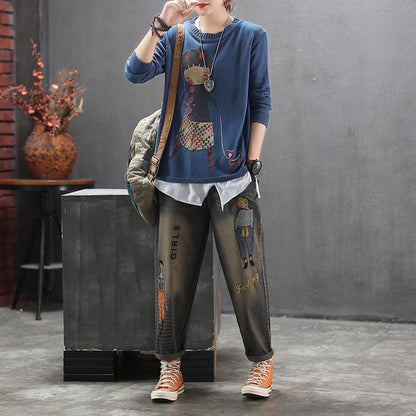 Embroidery Cartoon And Letter Casual Jeans