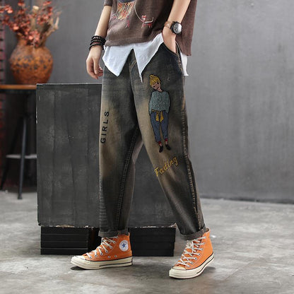 Embroidery Cartoon And Letter Casual Jeans
