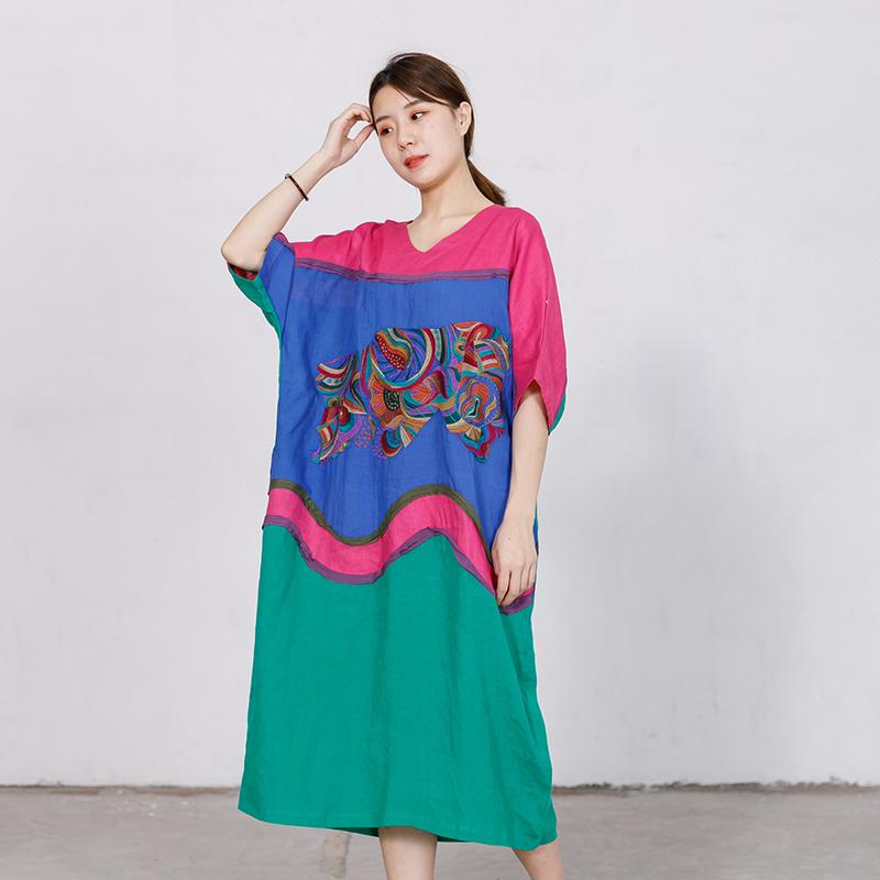 Embroidery Contrast Color Stitching Loose Dress