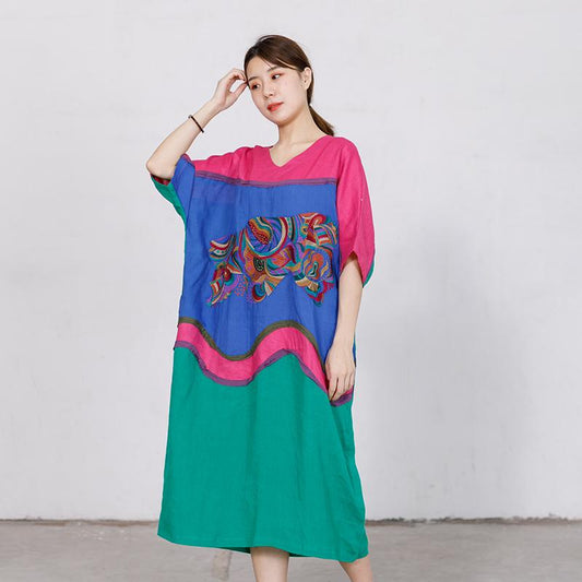 Embroidery Contrast Color Stitching Loose Dress