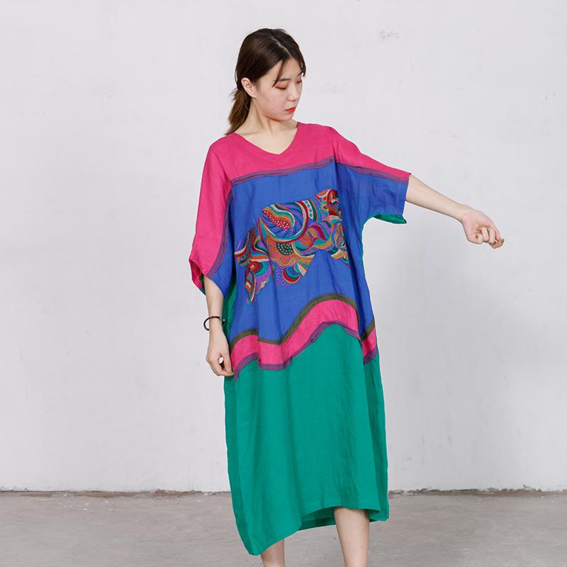 Embroidery Contrast Color Stitching Loose Dress